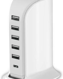 Charging Station for Multiple Devices 40W Upoy, Wall Charger Block 5 USB Ports(Shared 6A), USB Charging Hub Smart IC, Charger Tower with Type-C 3A for iPhone iPad Tablets Smartphones, Home Office Use